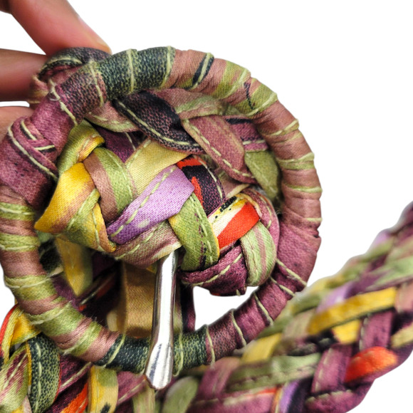 Rainbow Braided Belt Yellow Purple Silky Fabric Woven Large Circle Buckle Large - Picture 7 of 12